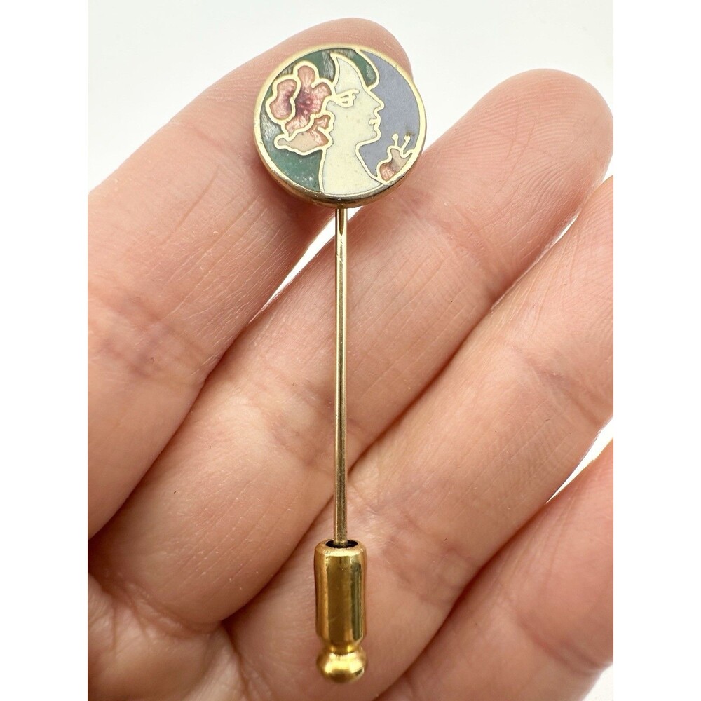 Vintage Cloisonne Enamel Girl Stickpin Stick Pin Gold tone